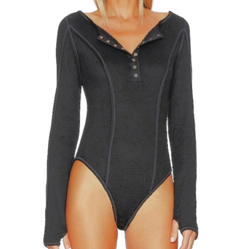 Free People SLOANE Bodysuit Black Top Long Sleeve Henley NEW! - Picture 2 of 6